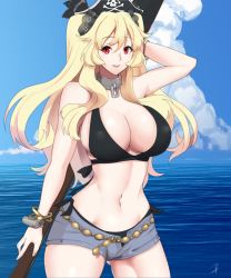 Rule 34 | 1girl, anne bonny (fate), anne bonny (swimsuit archer) (first ascension) (fate), arm behind head, bikini, bikini under clothes, black bikini, black ribbon, blonde hair, blue sky, blush, bracelet, breasts, cleavage, cloud, cloudy sky, collar, cowboy shot, curvy, day, fate/grand order, fate (series), groin, gun, hair between eyes, hair ribbon, hat, hayabusa (vert 320), highres, holding, holding gun, holding weapon, jewelry, large breasts, long hair, looking at viewer, navel, ocean, parted lips, pirate hat, red eyes, ribbon, rifle, short shorts, shorts, sideboob, sky, smile, solo, stomach, swimsuit, weapon