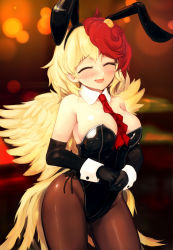 Rule 34 | 1girl, :d, alternate costume, animal ears, between breasts, bird, bird tail, bird wings, black gloves, black hairband, black leotard, blonde hair, blush, breasts, brown pantyhose, closed eyes, cowboy shot, detached collar, elbow gloves, facing viewer, fake animal ears, feathered wings, gloves, hairband, highres, large breasts, leotard, multicolored hair, nama shirasu, necktie, necktie between breasts, niwatari kutaka, open mouth, pantyhose, playboy bunny, rabbit ears, red hair, red necktie, short hair, smile, solo, strapless, strapless leotard, tail, touhou, two-tone hair, wing collar, wings, wrist cuffs