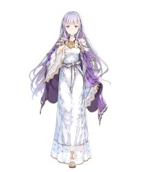 Rule 34 | 1girl, cape, detached sleeves, dress, fire emblem, fire emblem: genealogy of the holy war, fire emblem heroes, full body, haimura kiyotaka, hand on own chest, highres, julia (fire emblem), long hair, looking at viewer, nintendo, official art, purple eyes, purple hair, sandals, smile, solo, standing, tiara, transparent background, wide sleeves