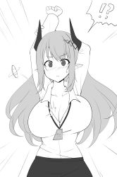 Rule 34 | !?, 1girl, ajidot, alternate costume, arknights, arms up, blush, breasts, bursting breasts, buttons, cleavage, closed mouth, collarbone, collared shirt, dress shirt, ear piercing, emphasis lines, greyscale, highres, horns, id card, large breasts, long hair, monochrome, motion lines, mudrock (arknights), no bra, nose blush, office lady, pencil skirt, piercing, pointy ears, popped button, shirt, simple background, skirt, solo, speech bubble, spoken interrobang, stretching, upper body, v-shaped eyebrows, very long hair, white background