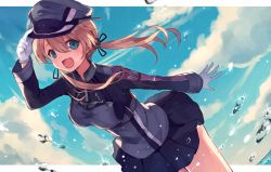 Rule 34 | 10s, 1girl, anchor hair ornament, blonde hair, breasts, fang, hair ornament, hat, kantai collection, long hair, military, military uniform, open mouth, peaked cap, prinz eugen (kancolle), shugao, skin fang, solo, twintails, uniform, water drop