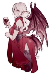 Rule 34 | bat wings, cup, dress, holding, holding cup, long hair, martasketch, original, pointy ears, red dress, thighhighs, vampire, wings