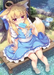 Rule 34 | 1girl, ahoge, animal ear fluff, animal ears, blue bow, blue dress, blush, bow, commentary request, dress, flat chest, food, fox ears, fox girl, fox tail, hair between eyes, hair bow, long hair, looking at viewer, original, outdoors, popsicle, red eyes, roshin, shadow, shoes, unworn shoes, short sleeves, sidelocks, sitting, solo, sweat, tail, tree, wading
