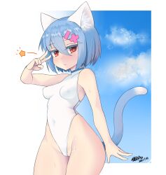 Rule 34 | 1girl, :/, animal ear fluff, animal ears, arm at side, artist name, bare arms, bare shoulders, blue eyes, blue hair, blue sky, border, breasts, cameltoe, cat ears, cat girl, cat tail, closed mouth, cloud, colored eyelashes, covered erect nipples, covered navel, cowboy shot, dated, expressionless, groin, hair between eyes, hair ornament, hairclip, half-closed eyes, hand up, highleg, highleg leotard, impossible clothes, impossible leotard, leotard, light blush, looking at viewer, medium breasts, nekobao, original, outside border, red eyes, short hair, sideways glance, sky, solo, star (symbol), tail, tail raised, v, wet, white leotard, wide hips, x hair ornament