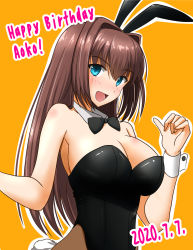 Rule 34 | 1girl, 2020, animal ears, aozaki aoko, bare shoulders, birthday, black bow, black leotard, blue eyes, blush, bow, bowtie, breasts, brown hair, brown pantyhose, cleavage, commentary request, dated, detached collar, english text, fake animal ears, fake tail, hair between eyes, hair intakes, happy birthday, highres, large breasts, leotard, long hair, looking at viewer, mahou tsukai no yoru, official alternate costume, open mouth, pantyhose, playboy bunny, rabbit ears, rabbit tail, simple background, smile, solo, strapless, strapless leotard, tail, upper body, wrist cuffs, yellow background, yuuk33