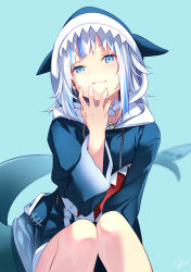 Rule 34 | 1girl, animal hood, blue background, blue eyes, blue hair, blue hoodie, blunt bangs, closed mouth, commentary request, feet out of frame, fins, fish tail, gawr gura, gawr gura (1st costume), hand on own face, hand up, highres, hololive, hololive english, hood, hood up, hoodie, long sleeves, looking at viewer, multicolored hair, open mouth, re lucy, shark hood, shark tail, sharp teeth, short hair, signature, simple background, sitting, smile, solo, streaked hair, tail, teeth, virtual youtuber, white hair