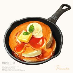 Rule 34 | absurdres, butter, commentary, english commentary, english text, food, food focus, frying pan, haruna macpro, highres, ice cream, leaf, no humans, original, pancake, realistic, simple background, syrup, white background