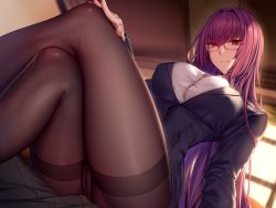 Rule 34 | 1boy, 1girl, bespectacled, black skirt, breasts, button gap, buttons, classroom, collared shirt, desk, dress shirt, fate/empire of dirt, fate/grand order, fate (series), formal, frown, game cg, girl on top, glasses, hair intakes, crossed legs, long hair, lun7732, pantyhose, purple hair, red eyes, scathach (fate), school, shirt, skirt, skirt suit, solo focus, suit, taut clothes, taut shirt, teacher, thighband pantyhose, very long hair