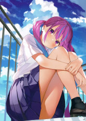 Rule 34 | 1girl, absurdres, ahoge, ankle socks, black footwear, black socks, blue hair, blue sky, blush, closed mouth, cloud, cloudy sky, colored inner hair, day, gaou (umaiyo puyoman), highres, hololive, hugging own legs, knees up, long hair, looking at viewer, minato aqua, multicolored hair, outdoors, page number, pleated skirt, purple eyes, purple hair, scan, shirt, shoes, sitting, skirt, sky, smile, socks, solo, t-shirt, thighs, twintails, virtual youtuber, white shirt