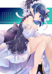 Rule 34 | 1girl, absurdres, azur lane, black legwear, blue eyes, blunt bangs, bow, breasts, cheshire (azur lane), commentary request, detached sleeves, earrings, from side, hair bow, hair ribbon, head tilt, high heels, highres, holding, holding shoes, jewelry, large breasts, looking at viewer, looking to the side, maid, maid headdress, multicolored hair, ribbon, scrunchie, shoes, unworn shoes, short hair, sidelocks, sitting, smile, solo, streaked hair, takumi mizuki, wrist scrunchie