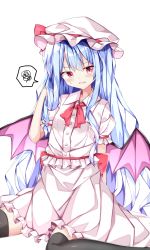 Rule 34 | 1girl, alternate hair length, alternate hairstyle, bad id, bad pixiv id, bat wings, black thighhighs, blue hair, blush, buttons, collared shirt, hand in own hair, hat, hat ribbon, highres, long hair, looking at viewer, mob cap, open mouth, pink hat, pink shirt, pink skirt, red eyes, red ribbon, remilia scarlet, ribbon, sabana, shirt, short sleeves, simple background, sitting, skirt, solo, spoken squiggle, squiggle, sweatdrop, thighhighs, touhou, wariza, white background, wings