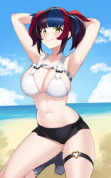 Rule 34 | 1girl, absurdres, armpits, arms up, bare shoulders, beach, bikini, black hair, black shorts, blue hair, blue sky, blush, breasts, cleavage, commission, fate/grand order, fate (series), grin, highres, kneehighs, kneeling, kurozawa yui, large breasts, long hair, looking at viewer, looking to the side, multicolored hair, navel, pixiv commission, red hair, sei shounagon (fate), sei shounagon (swimsuit berserker) (fate), shore, short shorts, shorts, sidelocks, sky, smile, socks, solo, swimsuit, thigh strap, thighs, twintails, white bikini, yellow eyes
