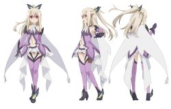 Rule 34 | 1girl, black gloves, butterfly hair ornament, cape, cosplay, detached sleeves, fate/kaleid liner prisma illya, fate (series), floating hair, full body, gloves, hair ornament, high ponytail, highres, holster, illyasviel von einzbern, long hair, looking at viewer, magical girl, magical sapphire, microskirt, midriff, navel, panties, prisma illya (sapphire version), purple panties, purple thighhighs, red eyes, silver hair, skirt, solo, standing, stomach, thigh holster, thighhighs, underwear, white skirt