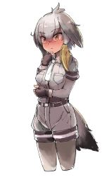 Rule 34 | 10s, 1girl, absurdres, bird tail, bird wings, blonde hair, breast pocket, collared shirt, cowboy shot, elbow gloves, fingerless gloves, gloves, grey hair, hair tie, hand on own chin, head wings, highres, kemono friends, necktie, omnisucker, pantyhose, pocket, shirt, shoebill (kemono friends), short hair, short sleeves, shorts, simple background, solo, tail, uniform, white background, wings