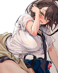 Rule 34 | 1girl, ahoge, azur lane, baltimore (after-school ace) (azur lane), baltimore (azur lane), beige cardigan, black necktie, black skirt, blush, breasts, brown hair, cardigan, cardigan around waist, choker, cle masahiro, clothes around waist, collared shirt, large breasts, looking at viewer, necktie, shirt, short hair, short sleeves, simple background, skirt, smile, solo, tied sweater, unfinished, white shirt, yellow eyes