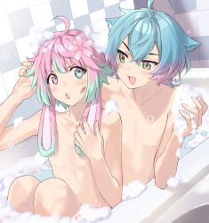 Rule 34 | 2boys, ahoge, androgynous, animal ears, bathing, bathtub, blue hair, blush, bubble, carrot, collarbone, colored tips, commission, completely nude, covered erect nipples, crossed bangs, dutch angle, eyelashes, facial tattoo, feet out of frame, floppy ears, flower, gradient hair, green eyes, green hair, hair flower, hair ornament, hand up, hands up, heterochromia, highres, indie virtual youtuber, linechu, looking at another, looking to the side, male focus, medium hair, multicolored hair, multiple boys, nude, open mouth, pink hair, potti-p, rabbit boy, rabbit ears, shiry, shirybun (vtuber), sidelocks, sitting, skeb commission, soap bubbles, tattoo, trap, trap on trap, two-tone hair, upper body, virtual youtuber, yaoi