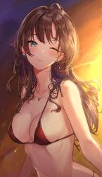 Rule 34 | 1girl, ahoge, alracoco, aqua eyes, bare arms, bikini, blush, breasts, brown hair, cleavage, closed mouth, commentary, ear piercing, earrings, evening, heart, heart necklace, highres, jewelry, lips, long hair, looking at viewer, medium breasts, mole, mole on breast, navel, necklace, one eye closed, original, piercing, red bikini, sidelocks, smile, solo, sunset, swimsuit, symbol-only commentary, upper body, wet