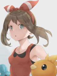 Rule 34 | 1girl, bare shoulders, brown hair, collarbone, creatures (company), game freak, gen 3 pokemon, grey background, grey eyes, hair ornament, highres, itsudzumi, looking at viewer, may (pokemon), mudkip, nintendo, open mouth, pokemon, pokemon (creature), pokemon oras, red shirt, ribbon, shirt, simple background, solo focus, torchic