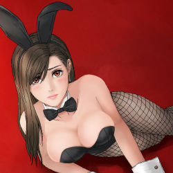 Rule 34 | 1990s (style), 1girl, animal ears, bare shoulders, black hair, blush, bow, bowtie, breasts, brown eyes, brown hair, cleavage, detached collar, earrings, fake animal ears, final fantasy, final fantasy vii, fishnet pantyhose, fishnets, hair over one eye, jewelry, large breasts, lips, long hair, looking at viewer, lying, on side, pantyhose, playboy bunny, rabbit ears, retro artstyle, skindentation, solo, square enix, tifa lockhart, uncertaintys, wrist cuffs