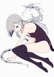 Rule 34 | 1girl, arm support, armpit peek, bare arms, black dress, black thighhighs, blue eyes, candy, clenched hand, closed mouth, collarbone, dress, expressionless, eyebrows, facepaint, food, food in mouth, from side, full body, grey background, grey hair, head down, leaning forward, lollipop, looking at viewer, no shoes, original, outstretched arm, short dress, short hair, simple background, sitting, sleeveless, sleeveless dress, slit pupils, sohin, solo, tail, thighhighs, thighs, tsurime, underwear, wings, yokozuwari