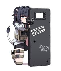 Rule 34 | 1girl, ammunition pouch, animal ears, ballistic shield, bandaid, bandaid on face, bandaid on nose, black gloves, black shorts, blue eyes, blue hair, buckle, cat ears, cat girl, cat tail, chest rig, english text, fingerless gloves, gloves, gun, handgun, highres, holding, holding gun, holding weapon, karepack, original, pouch, riot shield, shield, shirt, shorts, snap-fit buckle, solo, squatting, tail, virtual youtuber, weapon, weapon request, white background, white shirt