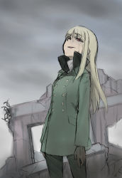 Rule 34 | 1girl, arms at sides, blonde hair, blunt bangs, breasts, brown gloves, buttons, cloud, cloudy sky, coat, cowboy shot, crack, day, empty eyes, facing away, gloves, green coat, green pantyhose, grete m. gollob, highres, long hair, long sleeves, looking away, looking up, military, military uniform, nose, open mouth, outdoors, overcast, pantyhose, popped collar, red eyes, ruins, shiratama (hockey), sidelocks, sky, small breasts, smile, solo, standing, straight hair, thick eyebrows, turtleneck, uniform, world witches series