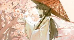 Rule 34 | 1girl, black hair, cherry blossoms, from side, hakama, highres, inuyasha, japanese clothes, kikyou (inuyasha), miko, ponytail, priestess, qinaide yun guniang, solo, tree, umbrella, upper body