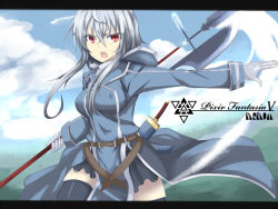 Rule 34 | 1girl, bad id, bad pixiv id, black thighhighs, breasts, cloud, day, female focus, halberd, letterboxed, military, military uniform, nakatama kyou, nature, open mouth, outdoors, pixiv fantasia, pixiv fantasia 5, plant, polearm, red eyes, silver hair, sky, solo, thighhighs, uniform, weapon