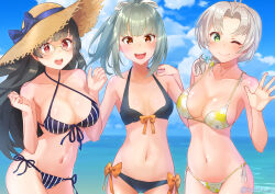 Rule 34 | 3girls, bikini, black bikini, black hair, blue sky, breasts, brown eyes, choukai (kancolle), cloud, collarbone, day, floral print, front-tie bikini top, front-tie top, green eyes, green hair, grey hair, hair ribbon, hand on another&#039;s shoulder, hat, highres, izumikuma, kantai collection, kinugasa (kancolle), large breasts, long hair, looking at viewer, multiple girls, navel, ocean, official alternate costume, one eye closed, open mouth, outdoors, print bikini, red eyes, ribbon, round teeth, side-tie bikini bottom, sky, small breasts, smile, straw hat, striped bikini, striped clothes, sun hat, swimsuit, teeth, upper teeth only, vertical-striped bikini, vertical-striped clothes, very long hair, white ribbon, yuubari (kancolle), yuubari kai ni (kancolle)