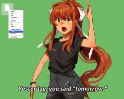 Rule 34 | 1girl, black pants, black shirt, blush, brown hair, commentary, cowboy shot, doki doki literature club, green background, green eyes, hair intakes, hand up, highres, just do it (meme), khyle., long hair, meme, monika (doki doki literature club), open mouth, pants, ponytail, shirt, short sleeves, simple background, solo, standing, v-shaped eyebrows, very long hair