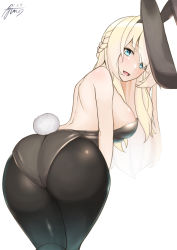 Rule 34 | 1girl, alternate costume, animal ears, ass, ayuman, black leotard, black pantyhose, blonde hair, blue eyes, braid, commentary request, commission, cowboy shot, crown braid, fake animal ears, french braid, from behind, highres, kantai collection, leaning forward, leotard, long hair, looking at viewer, looking back, pantyhose, playboy bunny, rabbit ears, rabbit tail, simple background, solo, standing, strapless, strapless leotard, tail, translation request, warspite (kancolle), white background, wrist cuffs