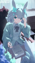 Rule 34 | 1girl, 1other, absurdres, aqua cardigan, aqua eyes, book, bow, bowtie, cardigan, chair, curtains, grey bow, grey bowtie, grey hair, hand up, heart, heart-shaped pupils, highres, holding, holding pen, looking at viewer, open cardigan, open clothes, original, pen, re naya, shirt, short hair, smile, solo focus, symbol-shaped pupils, upper body