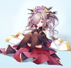 Rule 34 | 1girl, black dress, black thighhighs, blue background, blush, brown hair, cape, closed mouth, commentary request, dress, gloves, granblue fantasy, hair ornament, hair over one eye, hair stick, harvin, hat, high ponytail, long hair, long sleeves, looking at viewer, niyon (granblue fantasy), pointy ears, ponytail, purple hat, red eyes, sitting, smile, solo, thighhighs, very long hair, white cape, white gloves, yuya (night lily)