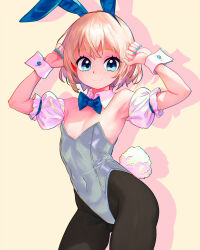Rule 34 | 1girl, absurdres, androgynous, animal ears, aqua nails, armpits, bare shoulders, black pantyhose, blonde hair, blue bow, blue bowtie, blue eyes, blue nails, bow, bowtie, chromatic aberration, closed mouth, covered navel, cowboy shot, detached collar, detached sleeves, fake animal ears, fake tail, female focus, flat chest, highleg, highleg leotard, highres, legs apart, leotard, looking at viewer, nail polish, original, pantyhose, playboy bunny, puffy short sleeves, puffy sleeves, rabbit ears, rabbit tail, shadow, short hair, short sleeves, smile, solo, standing, strapless, strapless leotard, tail, tareme, tsukiyono aroe, wrist cuffs, yellow background