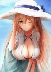 Rule 34 | 1girl, absurdres, bent over, blue ribbon, blue sky, breasts, cleavage, girls&#039; frontline, green eyes, guchagucha, hand in own hair, hat, hat ribbon, highres, large breasts, long hair, looking at viewer, one-piece swimsuit, one eye closed, orange hair, ribbon, simple background, sky, smile, solo, springfield (girls&#039; frontline), springfield (stirring mermaid) (girls&#039; frontline), swimsuit, white hat, white one-piece swimsuit