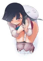 Rule 34 | 1girl, black hair, black pantyhose, blue ribbon, blunt bangs, blush, cellphone, clothes pull, female focus, from above, full body, groin, half-closed eye, hands up, hayashimo (kancolle), highres, holding, holding phone, kantai collection, koorimizu, long hair, long sleeves, neck ribbon, nose blush, one eye closed, open mouth, panties, panty pull, pantyhose, pantyhose pull, pee, peeing, phone, purple footwear, purple pantyhose, red eyes, red vest, ribbon, school uniform, shirt, shoes, sidelocks, sideways mouth, simple background, sitting, smartphone, solo, sweat, talking on phone, tears, textless version, thighs, tile floor, tiles, toilet use, underwear, vest, wet, wet clothes, wet panties, white background, white shirt, wince