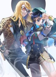Rule 34 | 1boy, 1girl, animal print, bare shoulders, belt, beret, black hair, black pants, black shirt, black shorts, blonde hair, blue hair, bracelet, breasts, buttons, collared shirt, colored inner hair, double-breasted, eyeliner, fate/grand order, fate (series), green eyes, green headwear, green jacket, grey eyes, hat, highres, jacket, jewelry, leopard print, long hair, looking at viewer, makeup, multicolored hair, navel, neck ring, necklace, o-ring, off shoulder, open clothes, open jacket, open mouth, pants, poppoman, round eyewear, shirt, shorts, sidelocks, small breasts, smile, smoke, sunglasses, tenochtitlan (fate), tenochtitlan (second ascension) (fate), tezcatlipoca (fate), thighs, wavy hair, yellow jacket, zipper