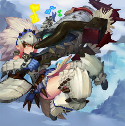 Rule 34 | 1girl, armor, barioth (armor), belt, blue gloves, blush, boots, capcom, fangzhenyu, fur trim, gloves, hunting horn, instrument, looking at viewer, monster hunter, monster hunter (series), monster hunter big game hunting quest, music, musical note, official art, panties, playing instrument, red eyes, snow, solo, spikes, tree, underwear, weapon, white hair, white panties