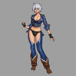 Rule 34 | 1girl, absurdres, ahoge, angel (kof), blue eyes, boots, bra, breasts, chaps, closed mouth, cowboy boots, cropped jacket, fingerless gloves, full body, gloves, hair over one eye, highres, jacket, large breasts, lawrenceofhong, leather, leather jacket, looking at viewer, simple background, smile, snk, solo, standing, strapless, strapless bra, the king of fighters, the king of fighters xiv, toned, underwear