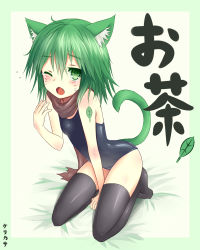 1girl animal_ears borrowed_character cat_ears cat_tail female_focus green_eyes green_hair kerikaza matching_hair/eyes one-piece_swimsuit one_eye_closed original school_swimsuit short_hair solo swimsuit tail thighhighs wink