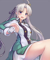 Rule 34 | 10s, 1girl, ahoge, akitsushima (kancolle), armpits, bad id, bad pixiv id, blush, breasts, commentary, female focus, gloves, kantai collection, large breasts, long hair, looking at viewer, military, military uniform, miniskirt, open mouth, oukawa yuu, purple eyes, side ponytail, silver hair, skirt, solo, sweatdrop, uniform