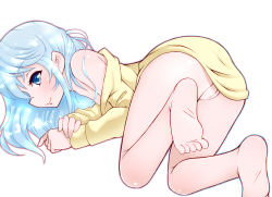 Rule 34 | 10s, 1girl, barefoot, blue eyes, blue hair, blush, cleft of venus, denpa onna to seishun otoko, feet, female focus, matching hair/eyes, no panties, noise (lesion949), pussy, simple background, smile, soles, solo, touwa erio, uncensored, white background