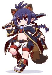 Rule 34 | 1girl, animal ears, blue footwear, blue jacket, blush, boots, braid, braided ponytail, closed mouth, commentary request, crop top, hair between eyes, head tilt, highres, holding, holding sheath, holding sword, holding weapon, hood, hood down, hooded jacket, jacket, juliet sleeves, knee boots, long hair, long sleeves, looking at viewer, low ponytail, matsuhime mujina, midriff, naga u, navel, open clothes, open jacket, over shoulder, puffy shorts, puffy sleeves, purple eyes, purple hair, raccoon ears, raccoon girl, raccoon tail, red ribbon, ribbon, shadow, sheath, shinrabanshou, short shorts, shorts, single braid, solo, standing, standing on one leg, sword, sword over shoulder, tail, unsheathed, v-shaped eyebrows, very long hair, weapon, weapon over shoulder, white background, white shorts