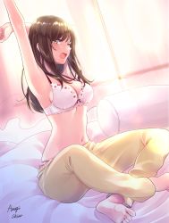 Rule 34 | 1girl, absurdres, amagi shino, arm behind head, arm up, armpits, artist name, barefoot, bed sheet, bow, bow bra, bra, breasts, brown hair, cleavage, dutch angle, highres, indoors, long hair, medium breasts, midriff, navel, one eye closed, open mouth, original, pants, pillow, sideboob, sitting, soles, solo, stomach, straight hair, stretching, underwear, white bra, yawning, yellow eyes, yellow pants