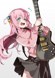 Rule 34 | 1girl, black skirt, blue eyes, blush, bocchi the rock!, cube hair ornament, electric guitar, flying sweatdrops, gibson les paul, gotoh hitori, guitar, hair ornament, highres, holding, holding instrument, instrument, jacket, jiu ye sang, long hair, looking at viewer, one side up, open mouth, pink hair, pink jacket, pleated skirt, simple background, skirt, solo, tears, track jacket, white background, years