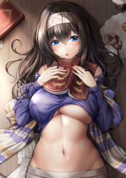 Rule 34 | 1girl, :o, bare shoulders, black hair, blouse, blue eyes, blush, book, breasts, clothes lift, commentary request, cookie, dakimakura (medium), food, graphite (medium), hair between eyes, hairband, holding, holding book, idolmaster, idolmaster cinderella girls, large breasts, long hair, looking at viewer, lying, navel, off-shoulder shirt, off shoulder, on back, on floor, plaid shawl, purple shirt, sagisawa fumika, shawl, shirt, shirt lift, skirt, solo, traditional media, underboob, white skirt, xiao yao xiong (xy450425885)