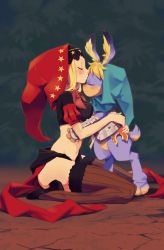 Rule 34 | 1boy, 1girl, animal ears, armor, black footwear, blonde hair, blush, breasts, closed eyes, cornelius (odin sphere), from side, full body, furry, furry male, furry with non-furry, gauntlets, hetero, highres, hood, hug, interspecies, kiss, kissing forehead, light blush, light smile, medium breasts, midriff, navel, odin sphere, on floor, petitcarreau, pooka (odin sphere), rabbit, rabbit boy, rabbit ears, shoes, short sleeves, sitting, size difference, standing, stomach, thighhighs, velvet (odin sphere), wariza