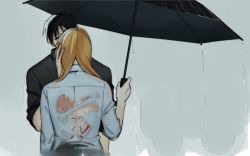 Rule 34 | 1boy, 1girl, back tattoo, black hair, black shirt, blonde hair, commentary request, couple, doya, dress shirt, expressionless, closed eyes, facing away, fingernails, fullmetal alchemist, hand on another&#039;s cheek, hand on another&#039;s face, height difference, hetero, holding, holding umbrella, kiss, no bra, outstretched arm, rain, riza hawkeye, roy mustang, see-through, shirt, sleeves rolled up, tattoo, umbrella, upper body, water drop, wet, wet clothes, white shirt