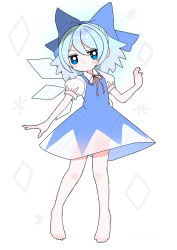 Rule 34 | 1girl, barefoot, blue bow, blue dress, blue eyes, blue hair, blush, bow, cirno, closed mouth, collared shirt, dot mouth, dotaku (wran8845), dress, flat chest, full body, hair between eyes, hair bow, highres, ice, ice wings, jitome, knees together feet apart, large bow, light blue hair, looking at viewer, neck ribbon, pinafore dress, puffy short sleeves, puffy sleeves, red ribbon, ribbon, see-through, shirt, short dress, short hair, short sleeves, sleeveless dress, solo, touhou, white background, white shirt, wings