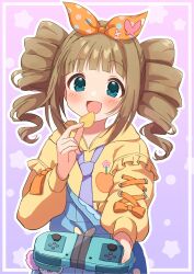 Rule 34 | 1girl, blue eyes, blue overalls, blunt bangs, blush, bow, brown hair, commentary request, controller, drill hair, game controller, hair bow, highres, idolmaster, kahiika, long hair, long sleeves, necktie, orange bow, overalls, purple necktie, sidelocks, smile, solo, takatsuki yayoi, twin drills
